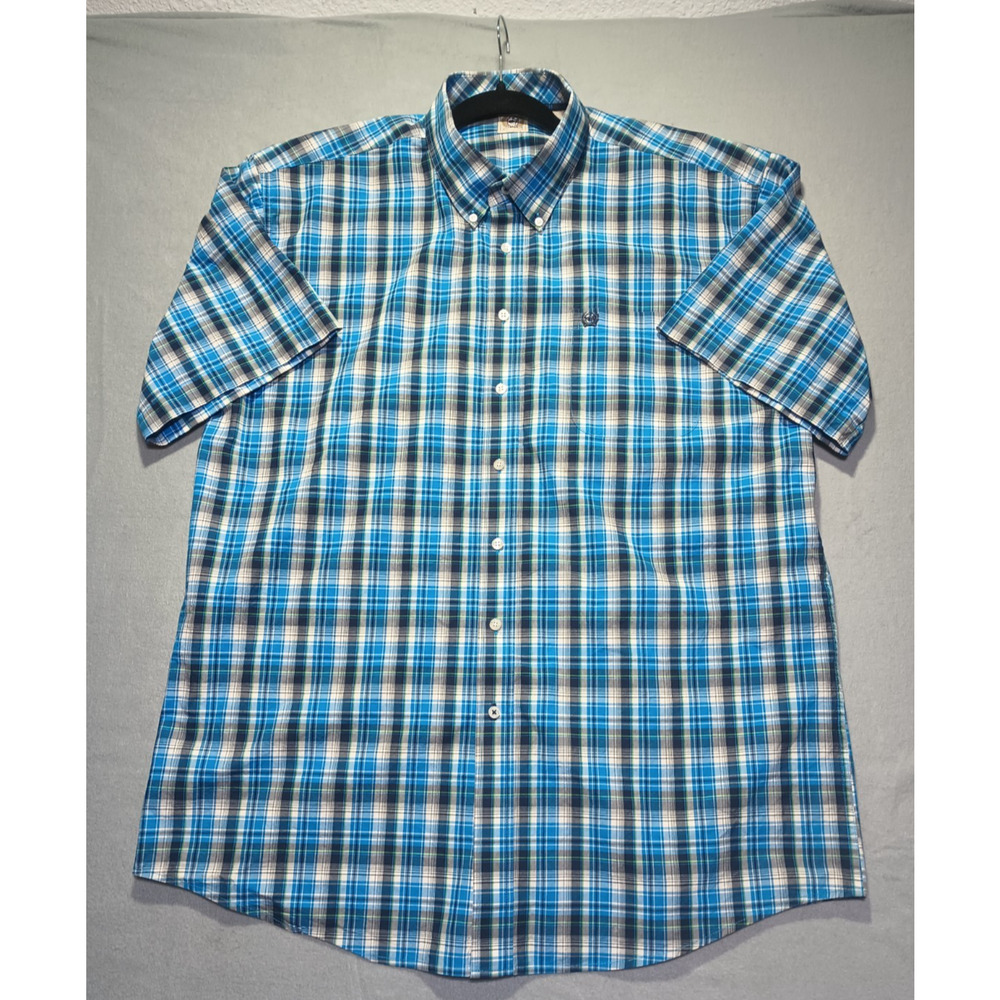 Cinch Mens Plaid Button Front Shirt Blue Short Sleeve Western Cowboy Cotton XXL